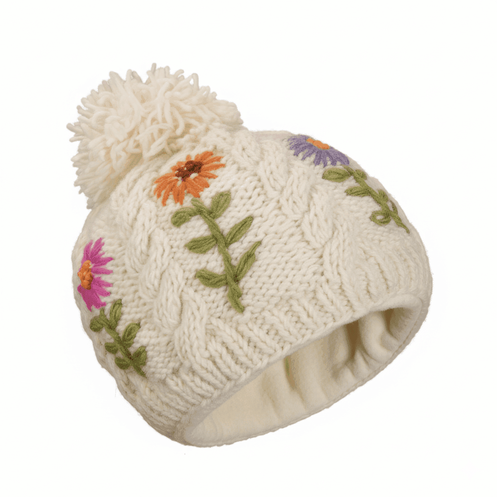 Hand-knit Pure Wool Bobble Beanie Embroidery Daisy Flower Design PN049 - Image 2