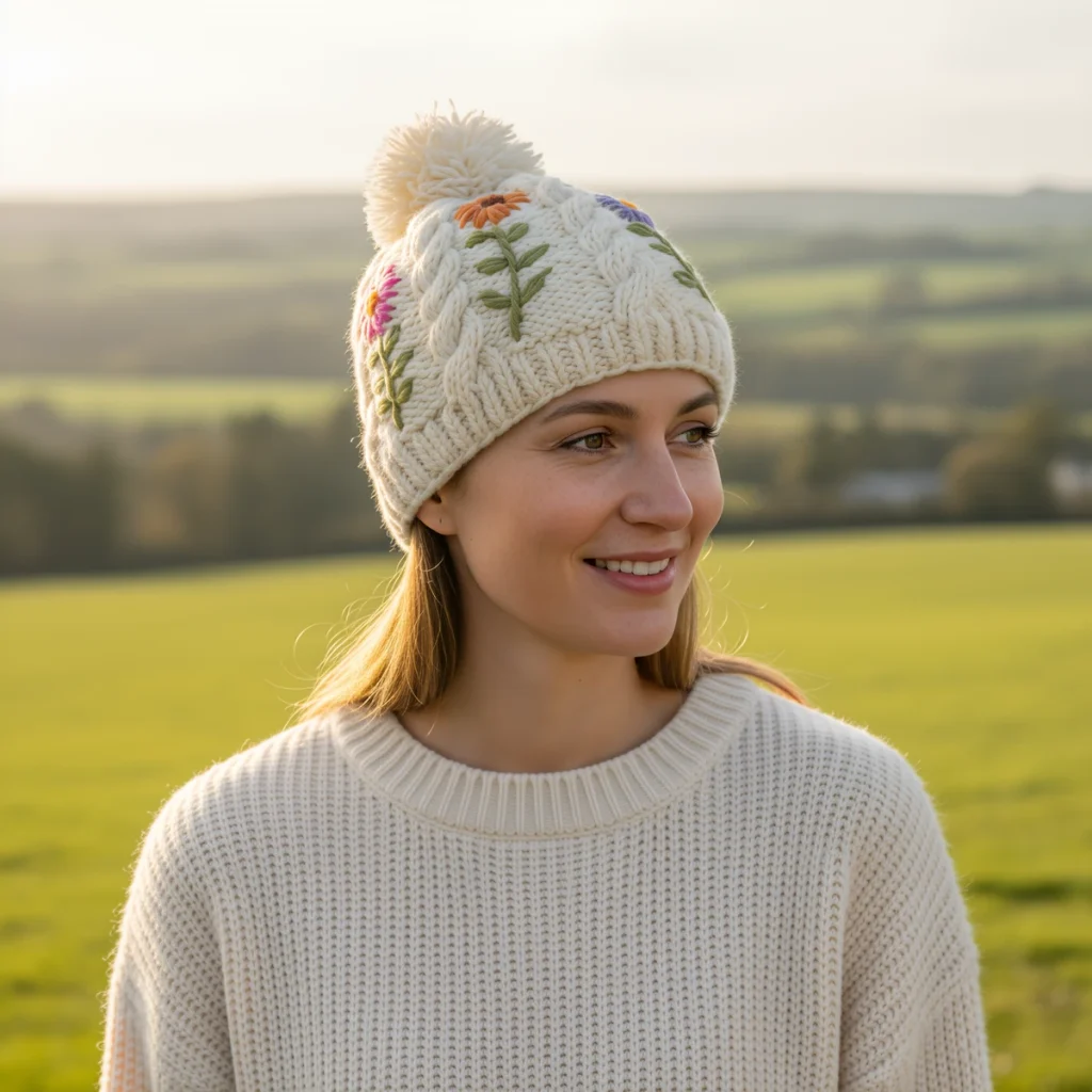Hand-knit Pure Wool Bobble Beanie Embroidery Daisy Flower Design PN049