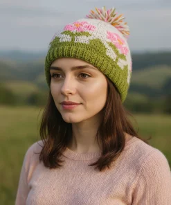 Hand-knit Pure Wool Bobble Beanie Sea Pink Wild Flower Design PN051 Fine Knit