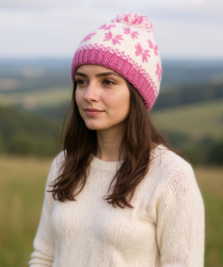 Hand-knit Wool Bobble Beanie Pink Willowherb Flower Design PN033 Fine Knit