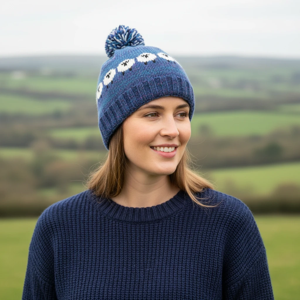Hand Knitted Pure Wool Fair Isle Sheep Design Bobble Beanie Denim Blue NK255