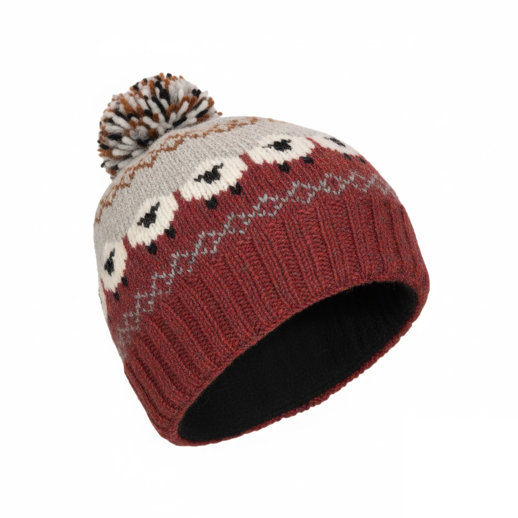 Hand Knitted Pure Wool Fair Isle Sheep Design Unisex Bobble Beanie Rust Heather NK254 - Image 2
