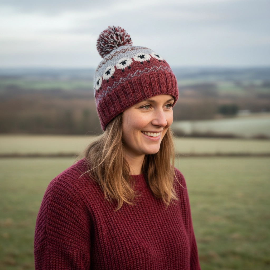 Hand Knitted Pure Wool Fair Isle Sheep Design Unisex Bobble Beanie Rust Heather NK254
