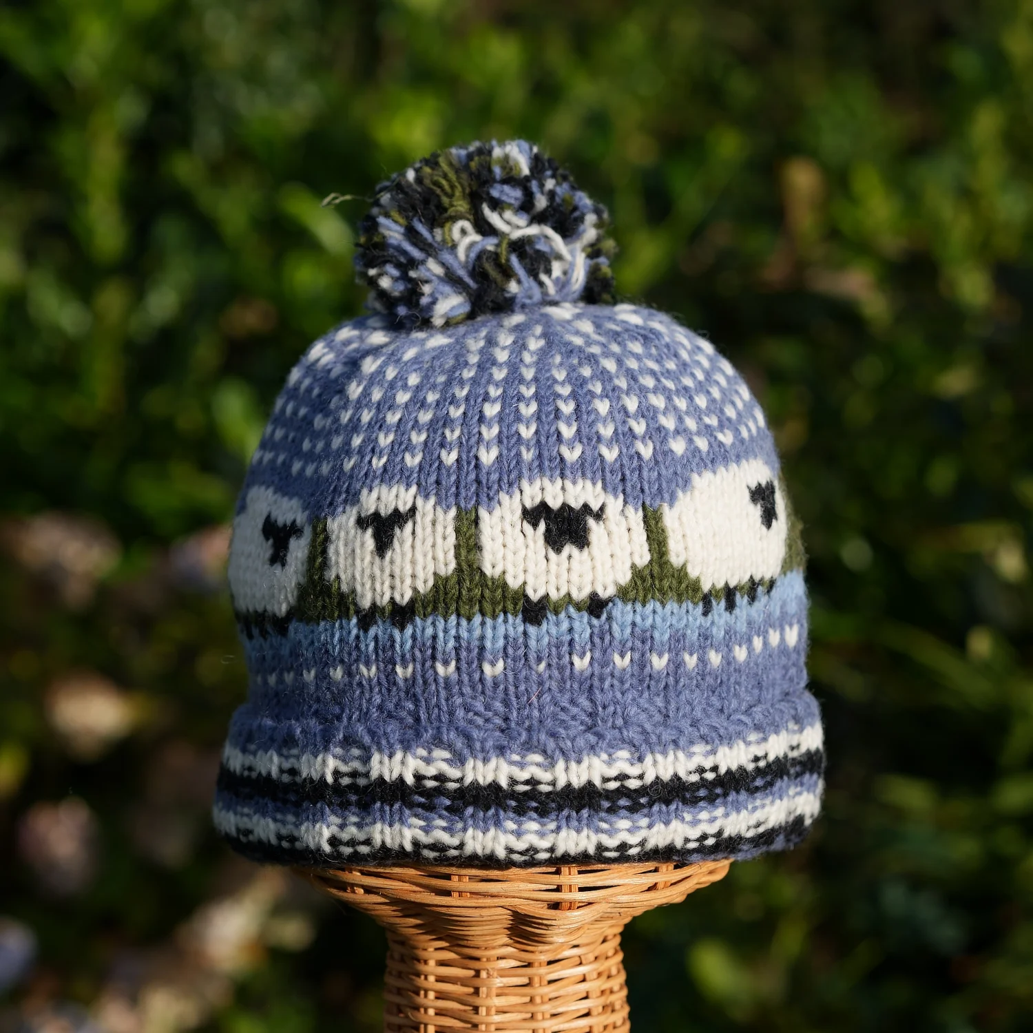 Hand Knitted Pure Wool Flock Of Sheep Roll Back Winter Hat Bobble Beanie Denim Blue Rc28 3