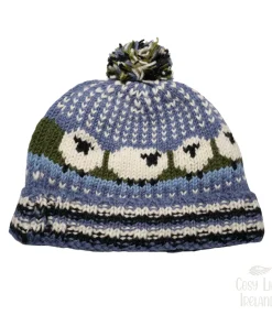 Hand Knitted Pure Wool Flock of Sheep Roll Back Winter Hat Bobble Beanie Denim Blue RC28
