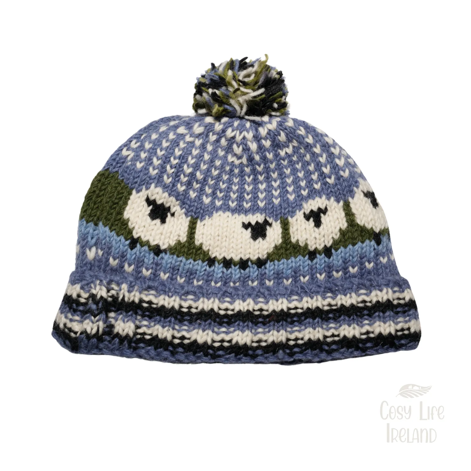 Hand Knitted Pure Wool Flock of Sheep Roll Back Winter Hat Bobble Beanie Denim Blue RC28