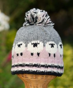 Hand Knitted Pure Wool Flock Of Sheep Winter Hat Bobble Beanie Baby Pink Rc23 2