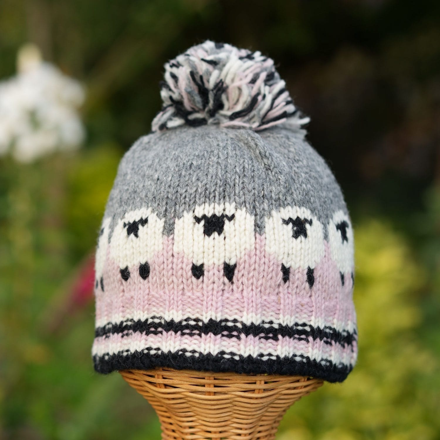 Hand Knitted Pure Wool Flock Of Sheep Winter Hat Bobble Beanie Baby Pink Rc23 2