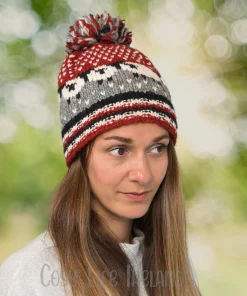 Hand Knitted Pure Wool Flock Of Sheep Winter Hat Bobble Beanie Maroon Rc21