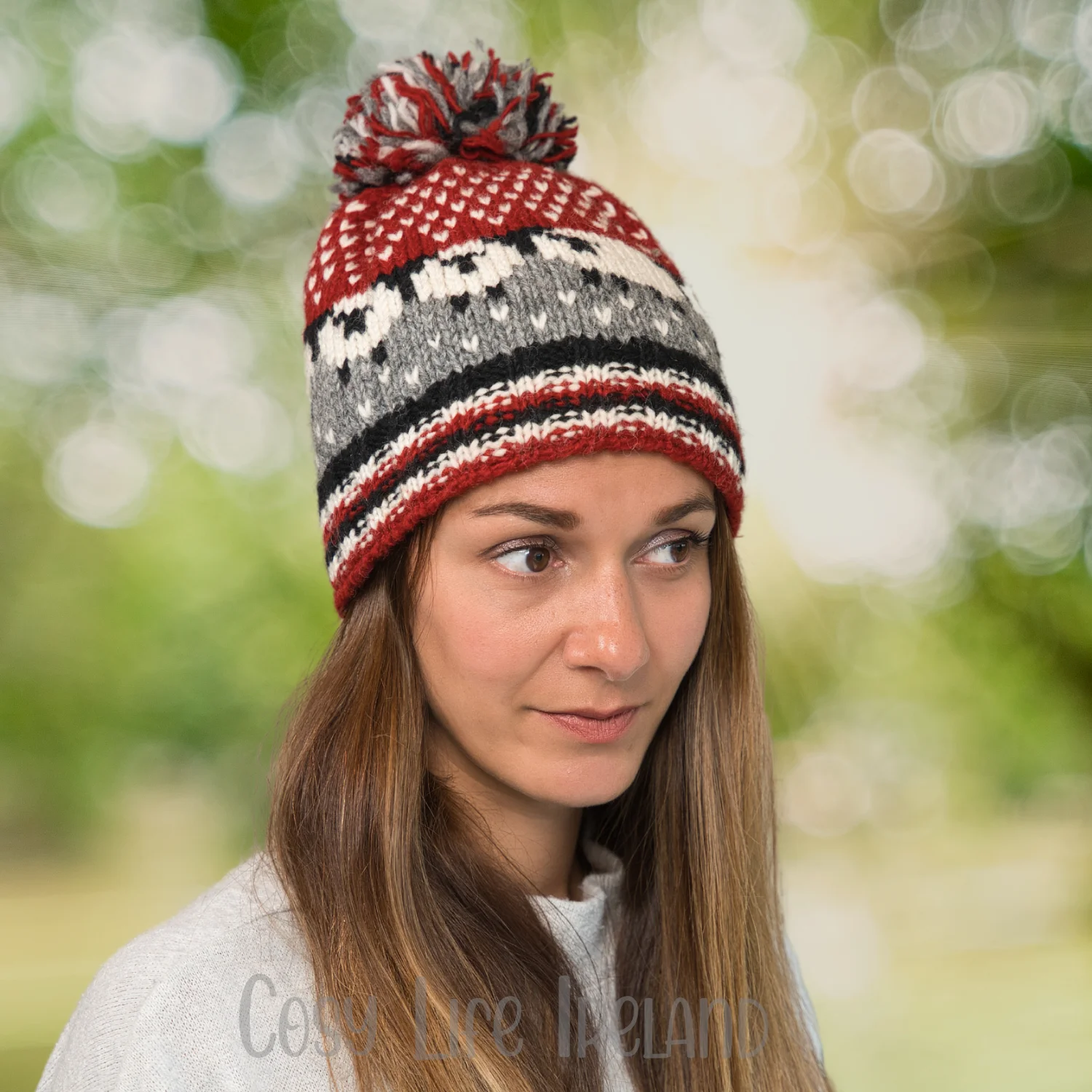 Hand Knitted Pure Wool Flock Of Sheep Winter Hat Bobble Beanie Maroon Rc21