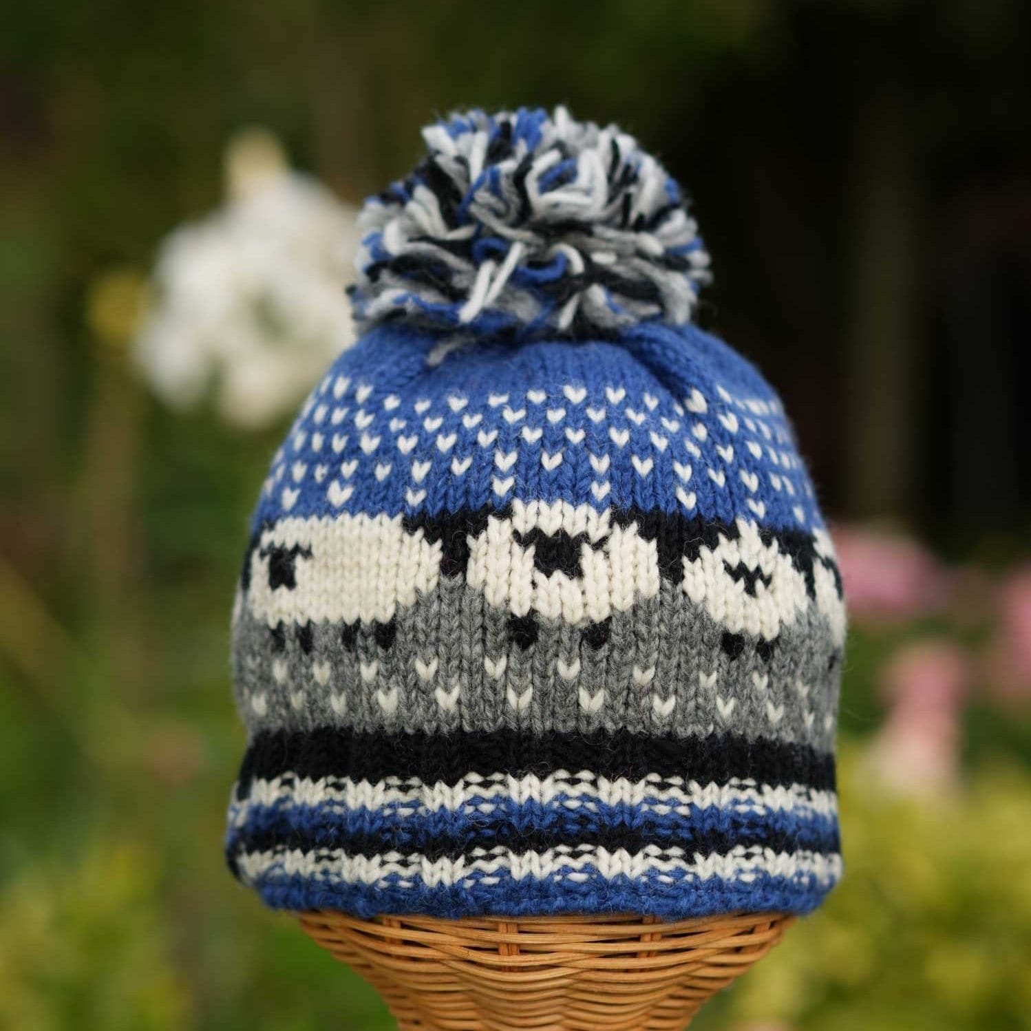 Hand Knitted Pure Wool Flock Of Sheep Winter Hat Bobble Beanie Navy Blue Rc25 2
