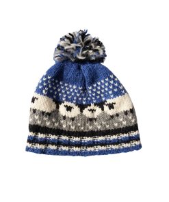 Hand Knitted Pure Wool Flock Of Sheep Winter Hat Bobble Beanie Navy Blue Rc25