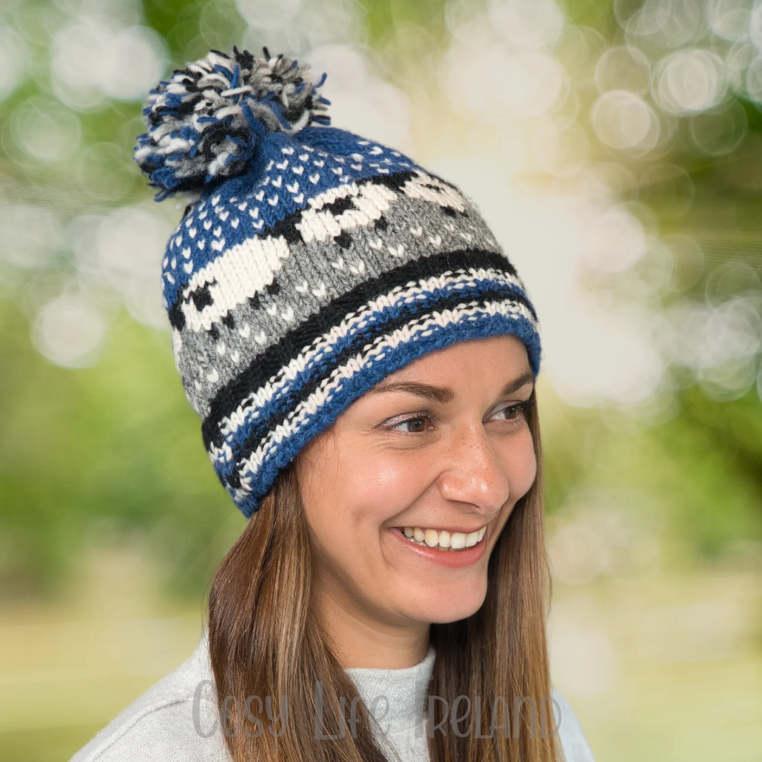 Hand Knitted Pure Wool Flock Of Sheep Winter Hat Bobble Beanie Navy Blue Rc25