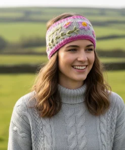 Hand Knitted Pure Wool Headband With Embroidered Flowers HB084 Fine Knit Light Pink