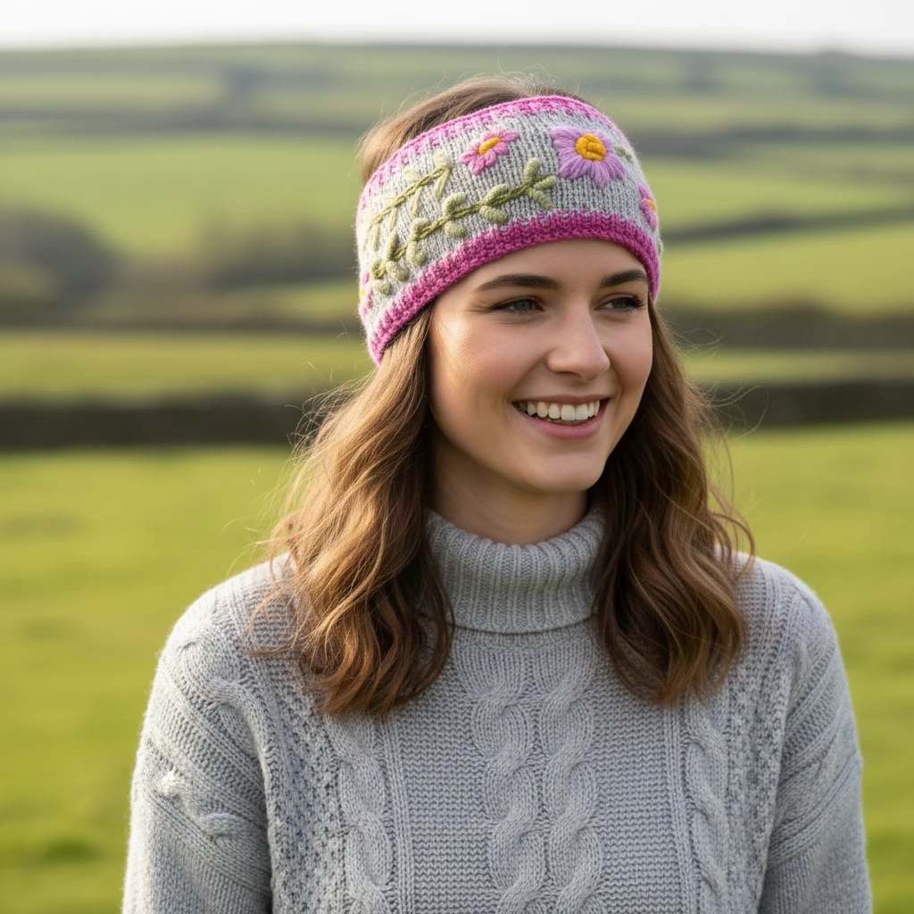 Hand Knitted Pure Wool Headband With Embroidered Flowers HB084 Fine Knit Light Pink