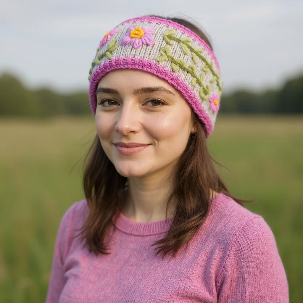 Hand Knitted Pure Wool Headband With Embroidered Flowers HB084 Fine Knit Light Pink