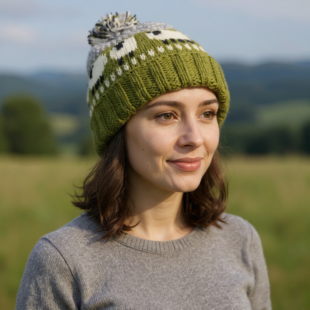 Hand-Knitted Pure Wool Roll Up Bobble Beanie Sheep Olive Green 25RC02