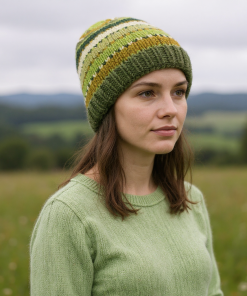 Hand-knitted Wool Beanie Green Fleece Lined NC006
