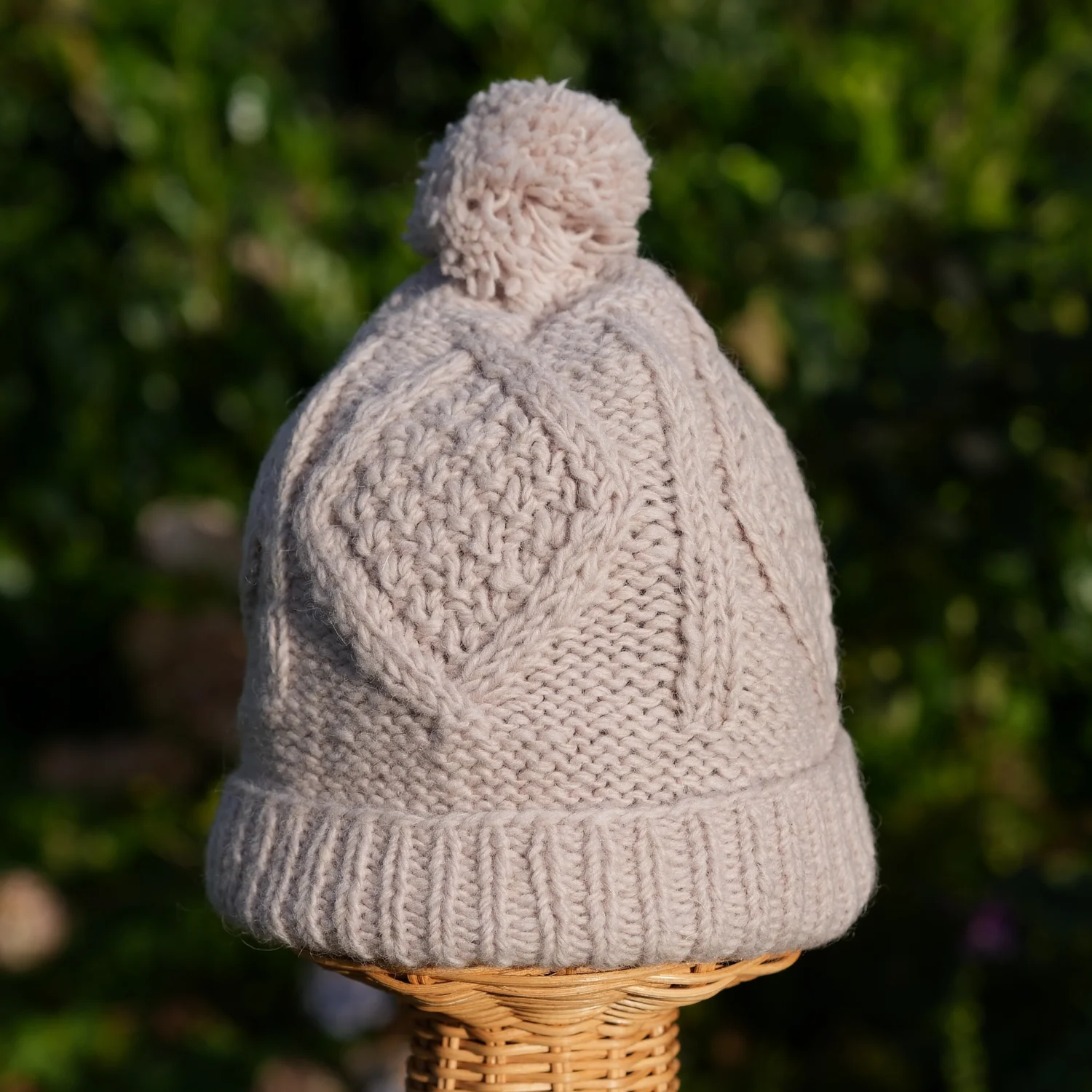 100 Lamb Wool Bobble Beanie Winter Hat Aran Knit Beige Rc16 2