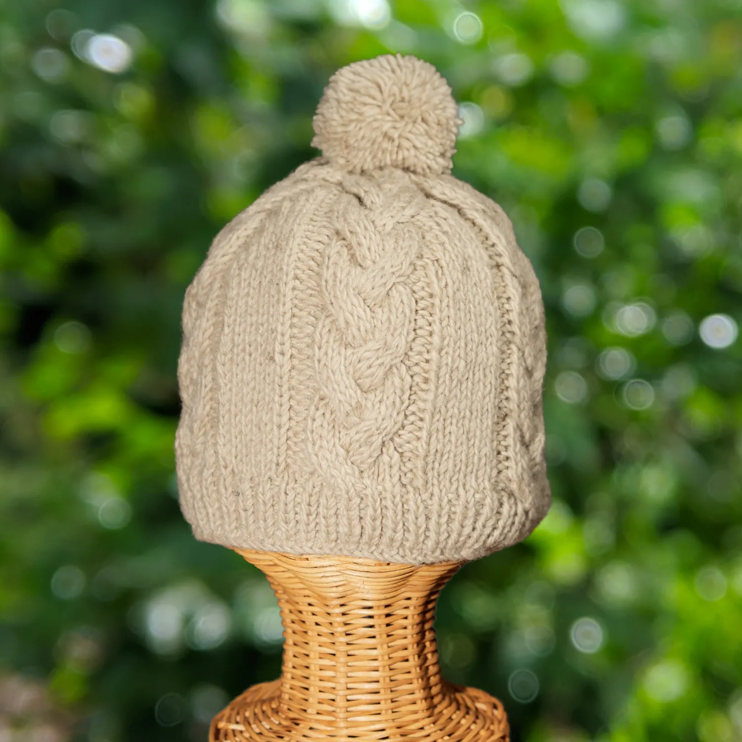 Handknitted Pure Wool Bobble Beanie Winter Hat Aran Knit Khaki KS16 - Cable