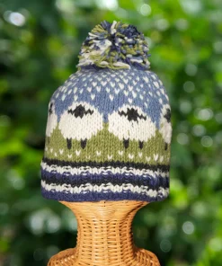 Handknitted Unisex Pure Wool Winter Hat Bobble Beanie with Sheep Design NK001 - Green