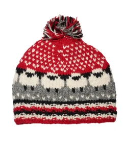 Handknitted Unisex Pure Wool Winter Hat Bobble Beanie with Sheep Design NK001 - Red
