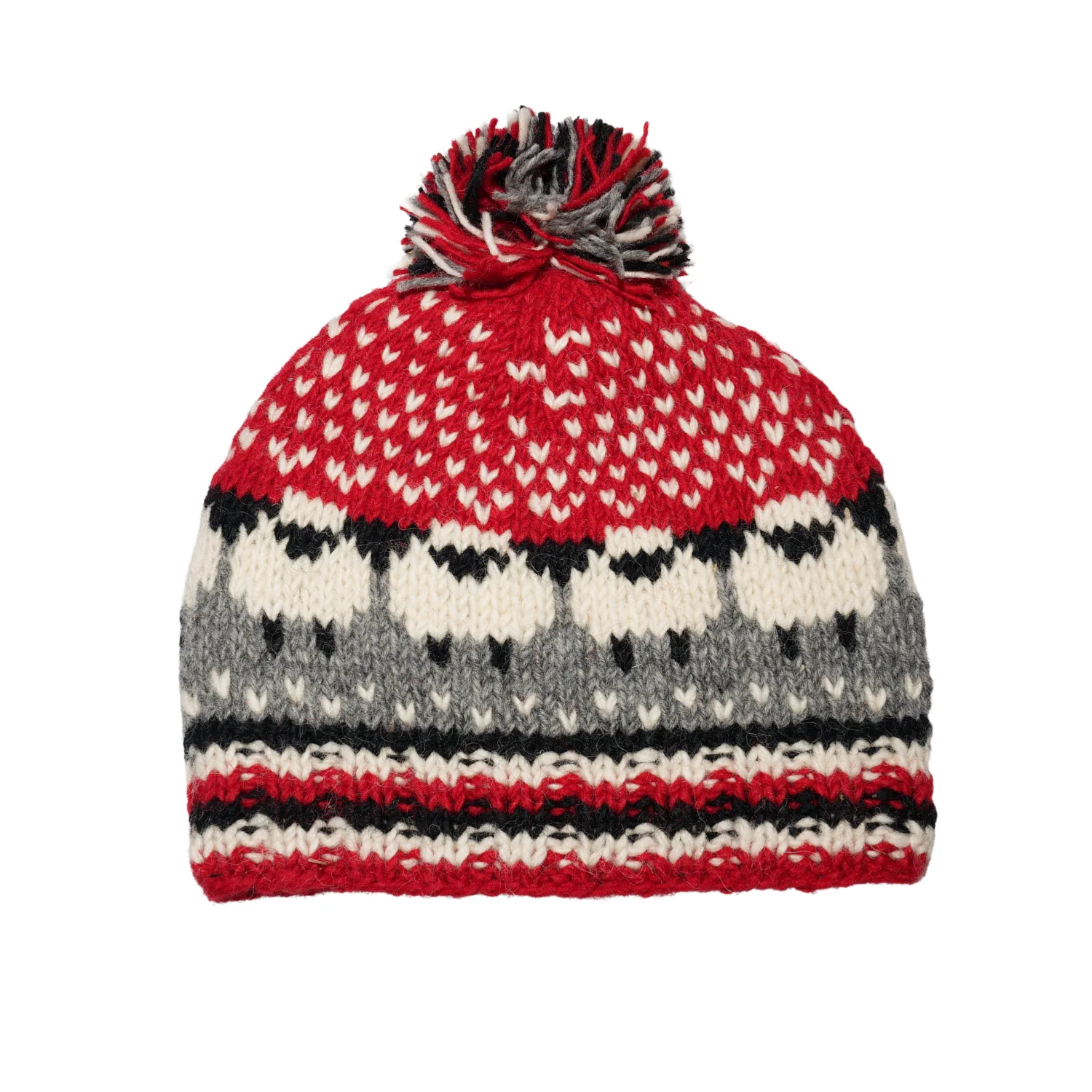 Handknitted Unisex Pure Wool Winter Hat Bobble Beanie with Sheep Design NK001 - Red