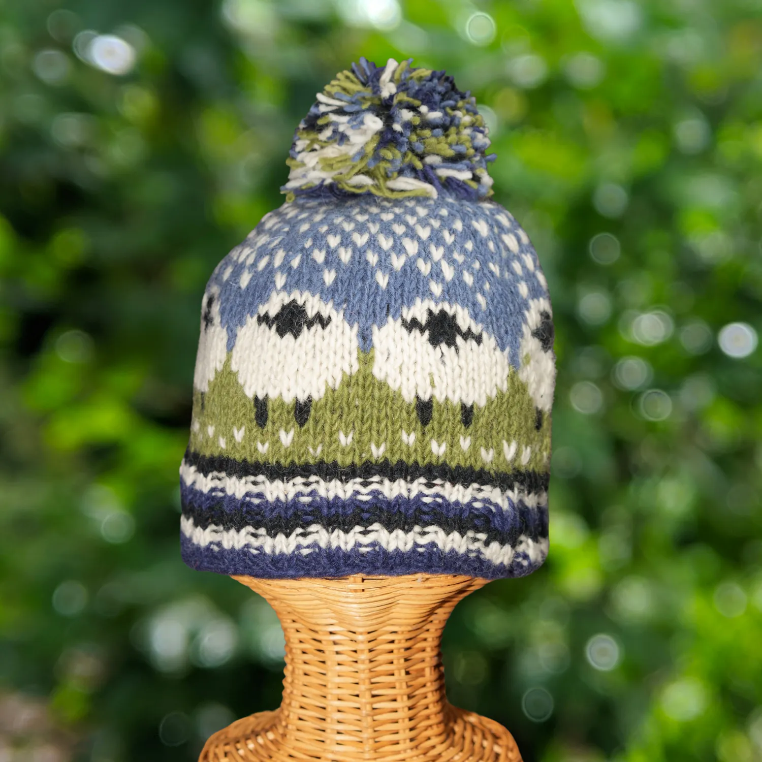 Handknitted Unisex Pure Wool Winter Hat Bobble Beanie with Sheep Design NK001 - Green