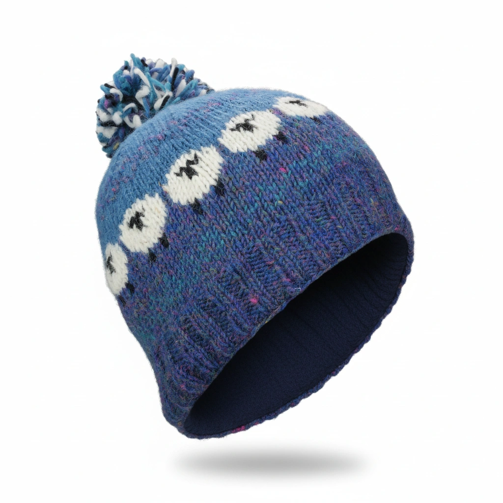 Hand Knitted Pure Wool Fair Isle Sheep Design Bobble Beanie Denim Blue NK255 - Image 2