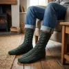 Pure Wool Hand Knit Chunky Warm Aran Cable Pattern Men's Winter Socks Fleck Forest Green PNSK003