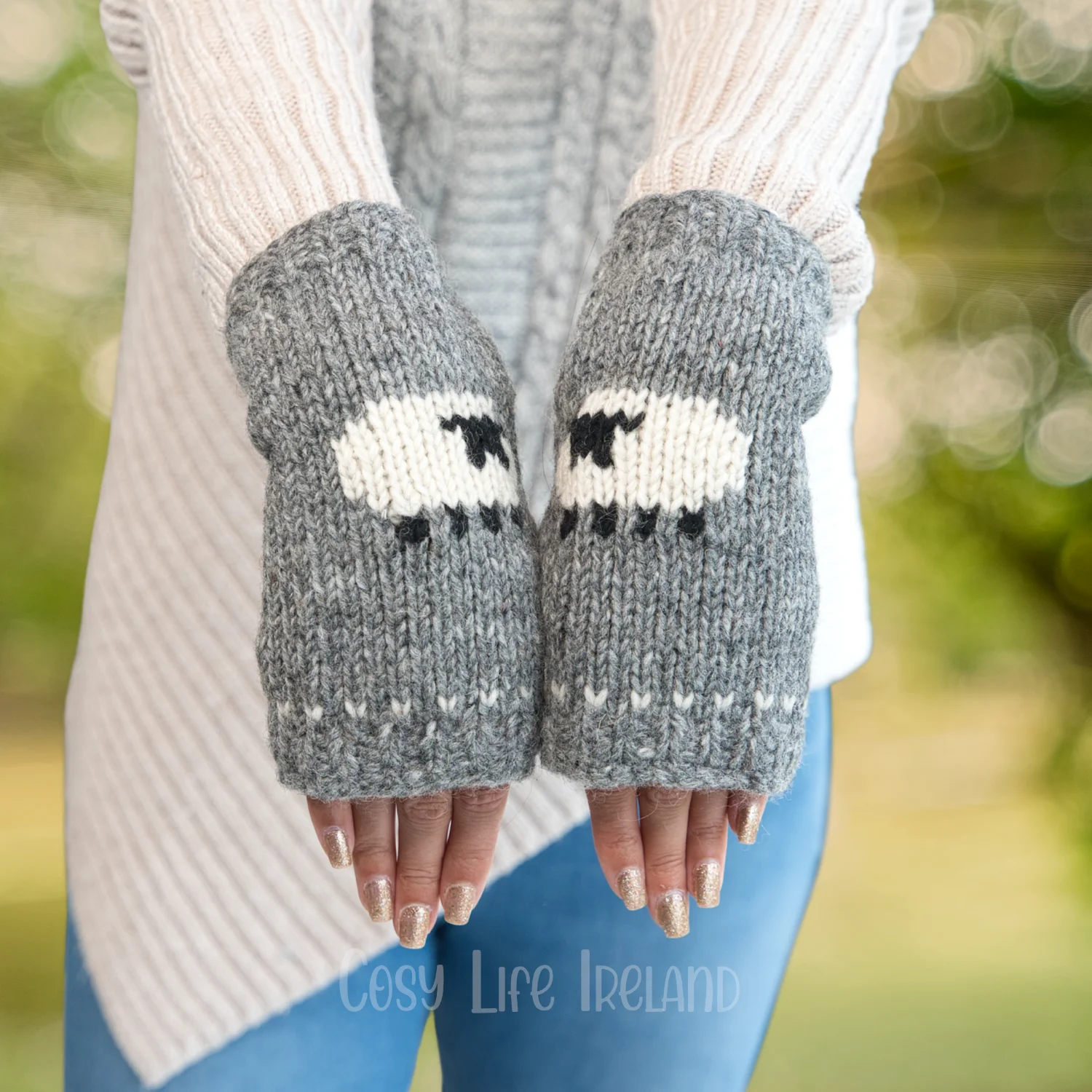 Pure Wool Hand Knitted Fingerless Mitten Or Handwarmer Flock Of Sheep Rc18
