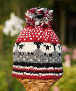Hand Knitted Pure Wool Flock Of Sheep Winter Hat Bobble Beanie Maroon Rc21 2