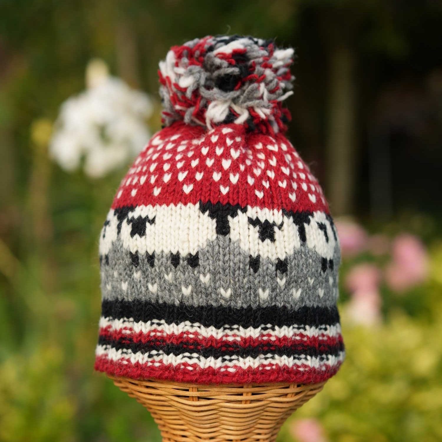 Hand Knitted Pure Wool Flock Of Sheep Winter Hat Bobble Beanie Maroon Rc21 2