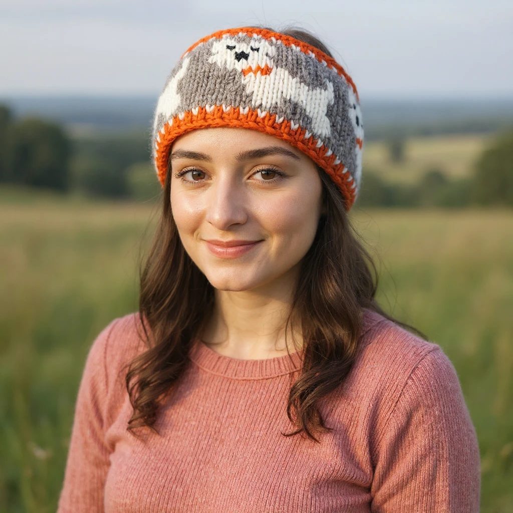 Pure Wool Hand Knitted Headband Dog Design HB003 Orange