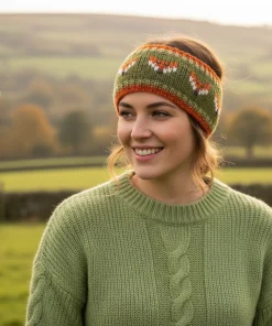 Pure Wool Hand Knitted Headband Fox Design Green HB081-GN