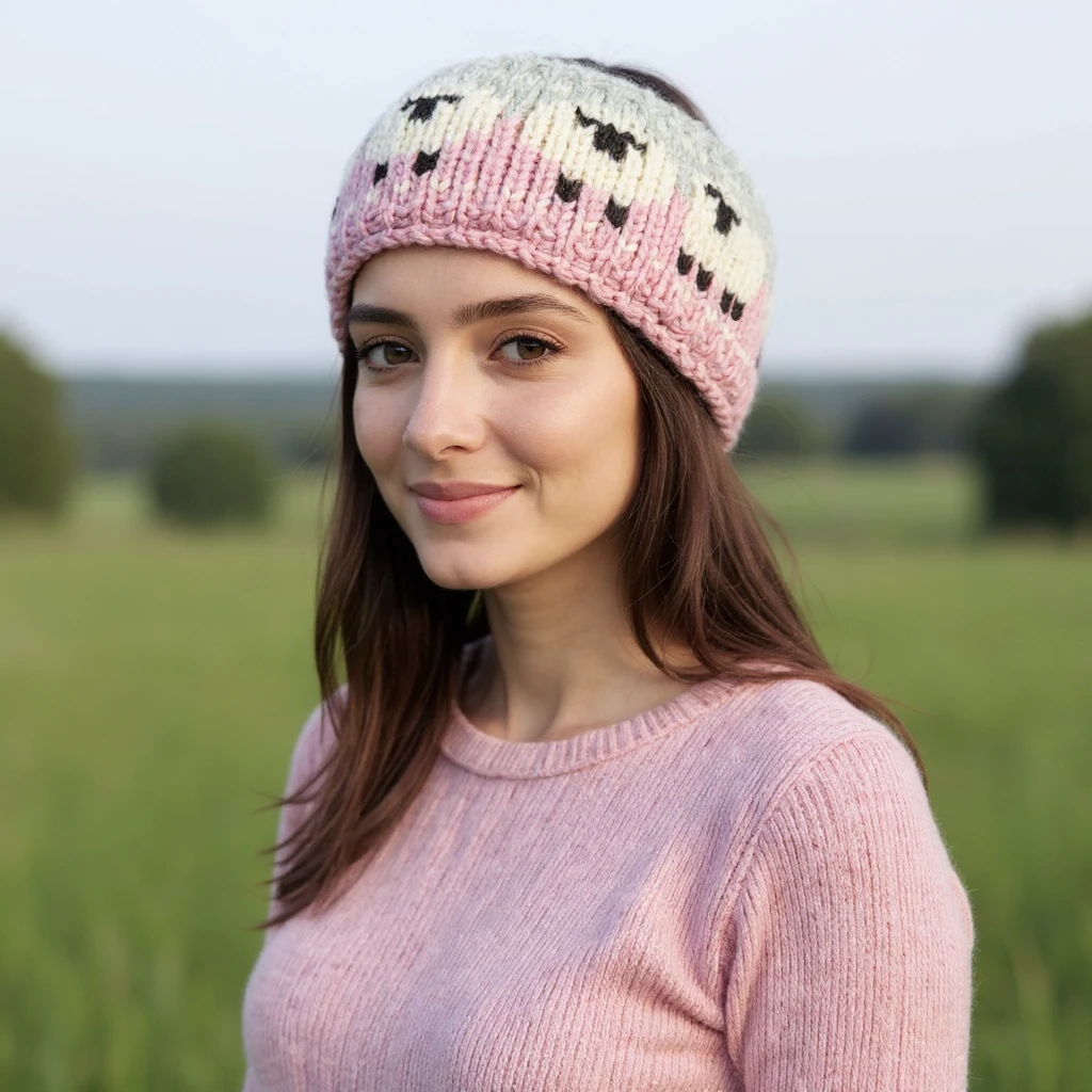 Pure Wool Hand Knitted Headband Sheep Design HB68 Baby Pink
