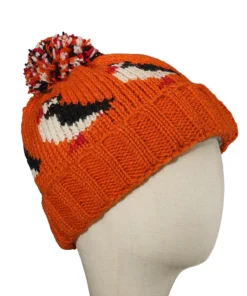 Pure Wool Hand-knitted Roll Up Bobble Beanie Puffin Orange 25RC01