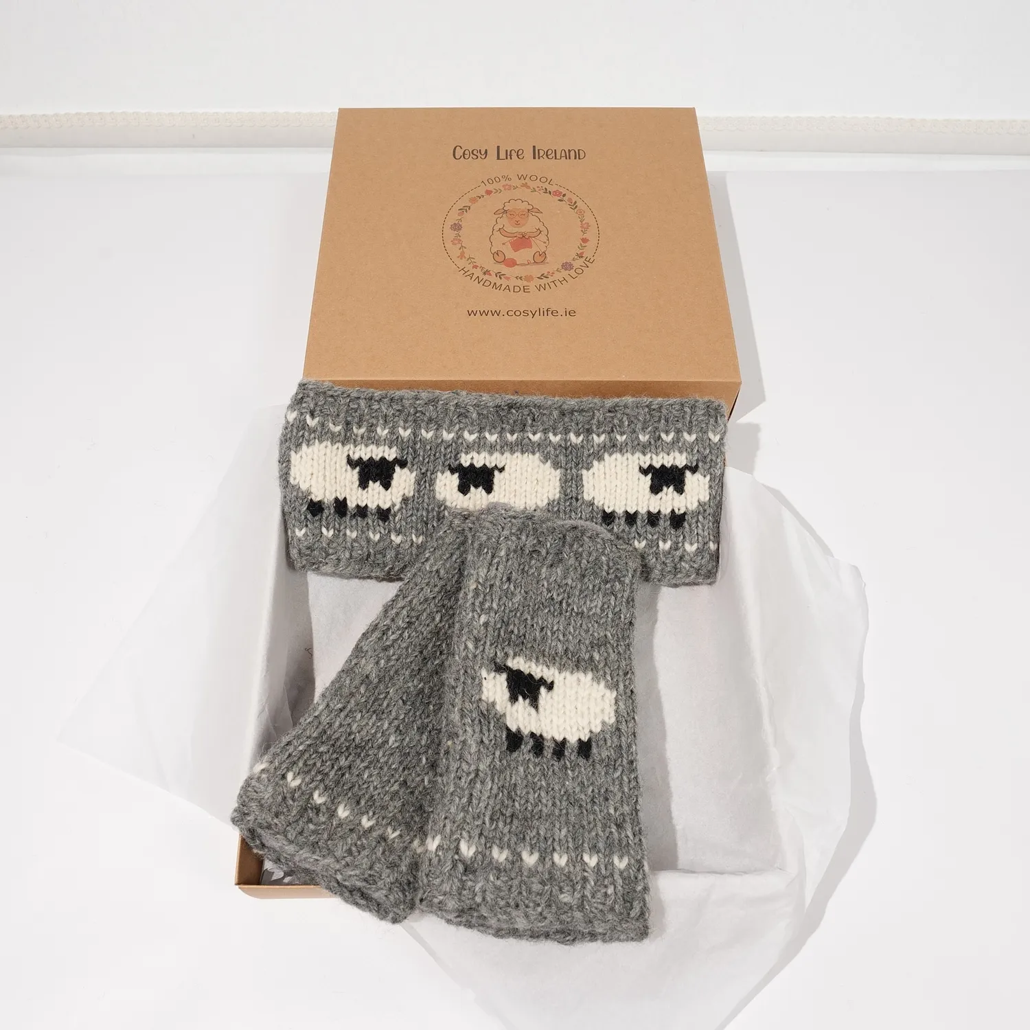 Pure Wool Hand Knitted Sheep Set Handwarmer and Headband RC18