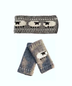 Pure Wool Hand Knitted Sheep Set Handwarmer and Headband RC18 - light grey