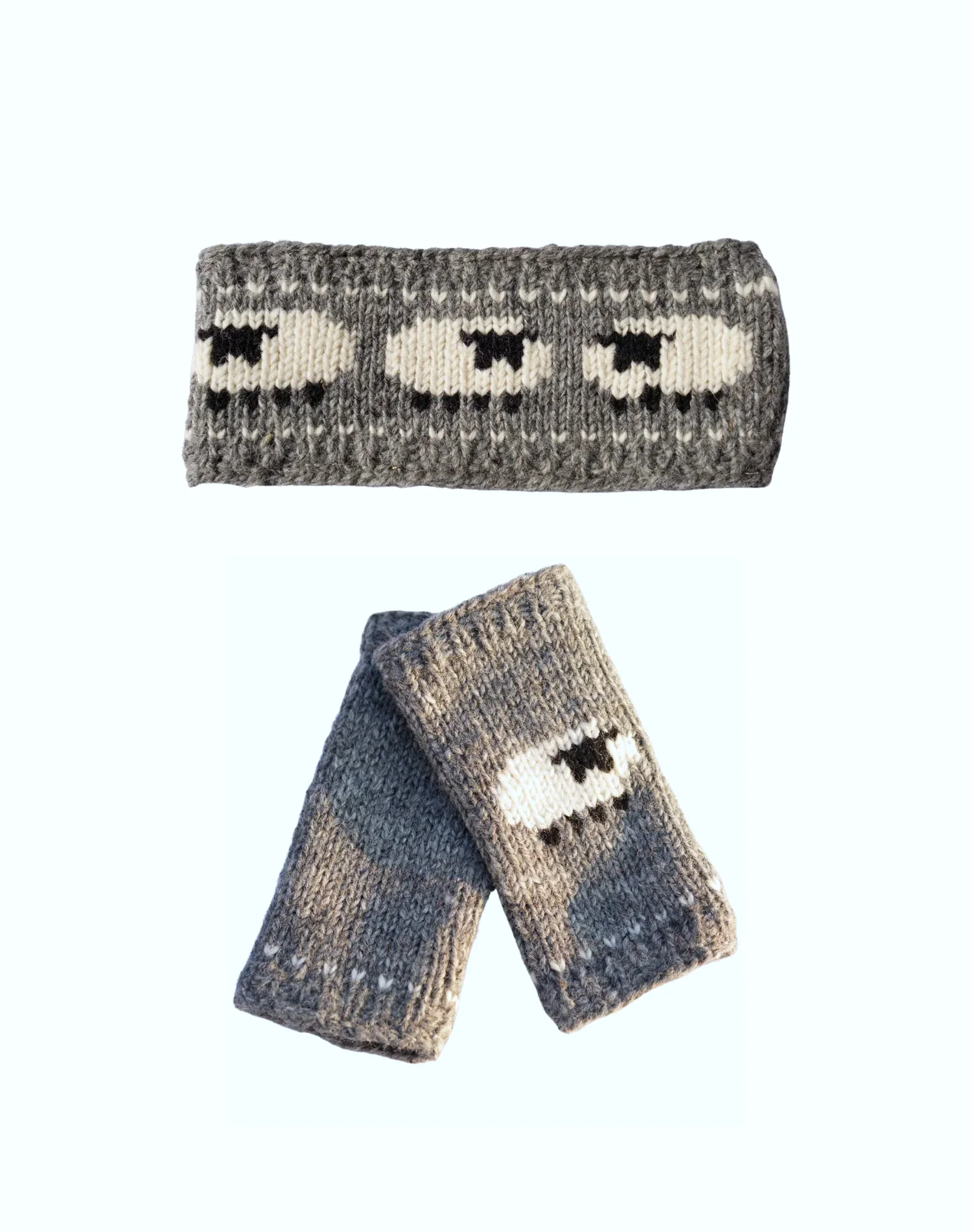 Pure Wool Hand Knitted Sheep Set Handwarmer and Headband RC18 - light grey
