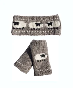 Pure Wool Hand Knitted Sheep Set Handwarmer and Headband RC18 - light grey