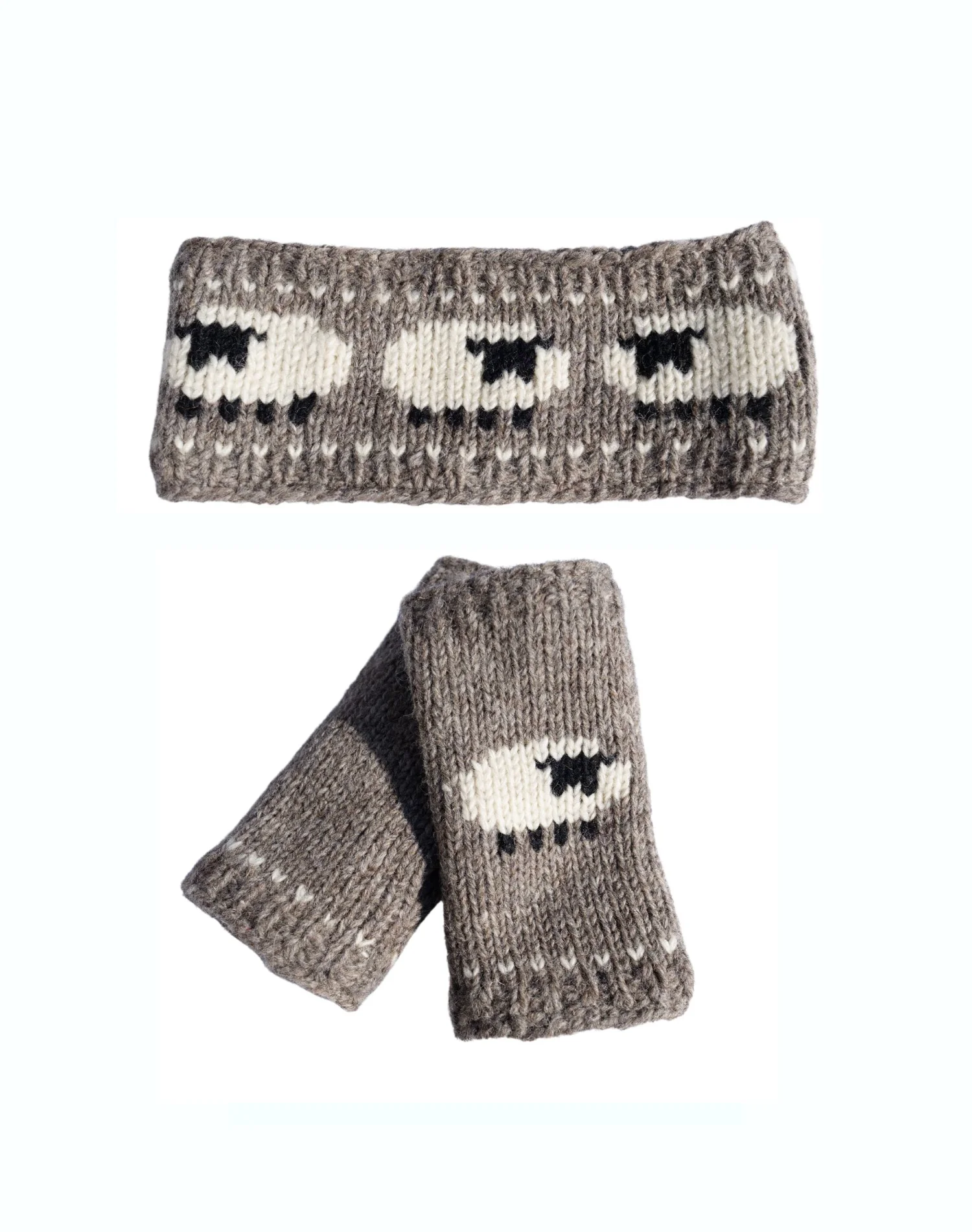 Pure Wool Hand Knitted Sheep Set Handwarmer and Headband RC18 - light grey