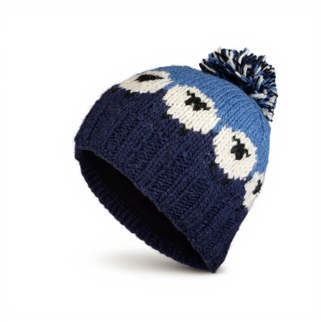Pure Wool Hand-knitted Wool Bobble Beanie PN005PP Sheep Navy Blue - Image 2