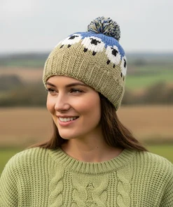 Pure Wool Hand-knitted Wool Bobble Beanie PN005PP Sheep Wool Olive Green