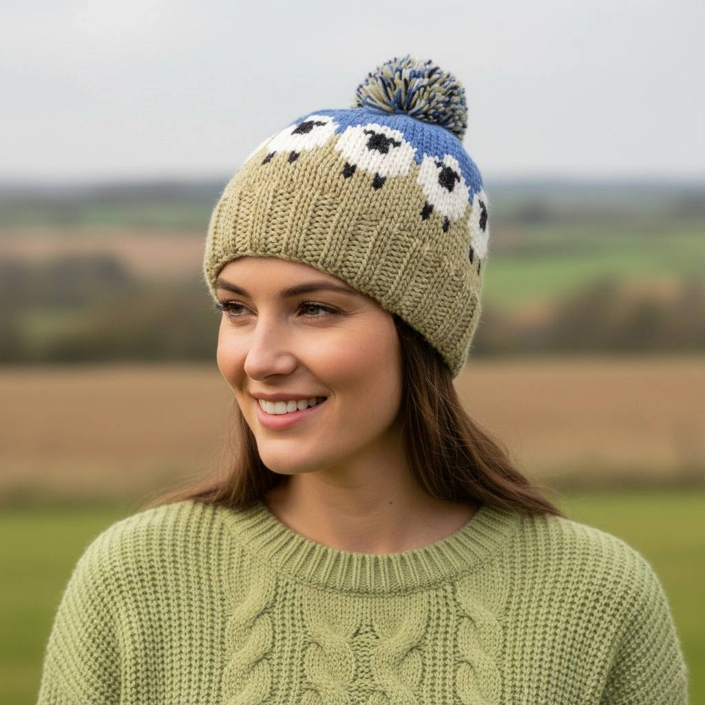 Pure Wool Hand-knitted Wool Bobble Beanie PN005PP Sheep Wool Olive Green