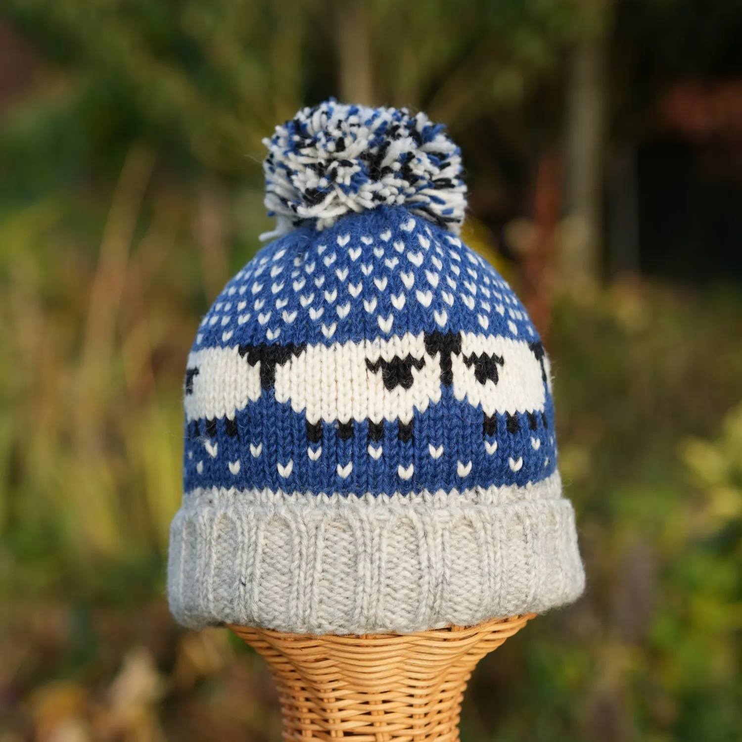 Pure Wool Handknitted Navy Blue Roll Back Bobble Beanie With Sheep RC29