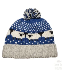 Pure Wool Handknitted Navy Blue Roll Back Bobble Beanie With Sheep RC29