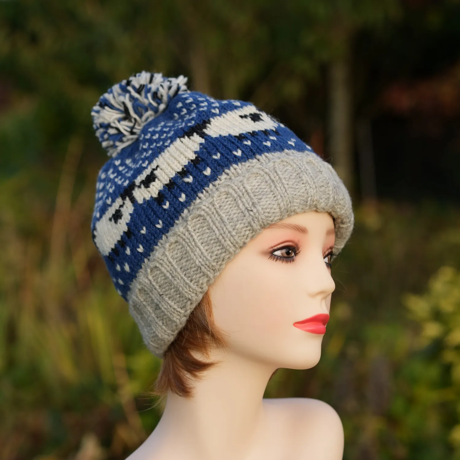 Pure Wool Handknitted Navy Blue Roll Back Bobble Beanie With Sheep RC29