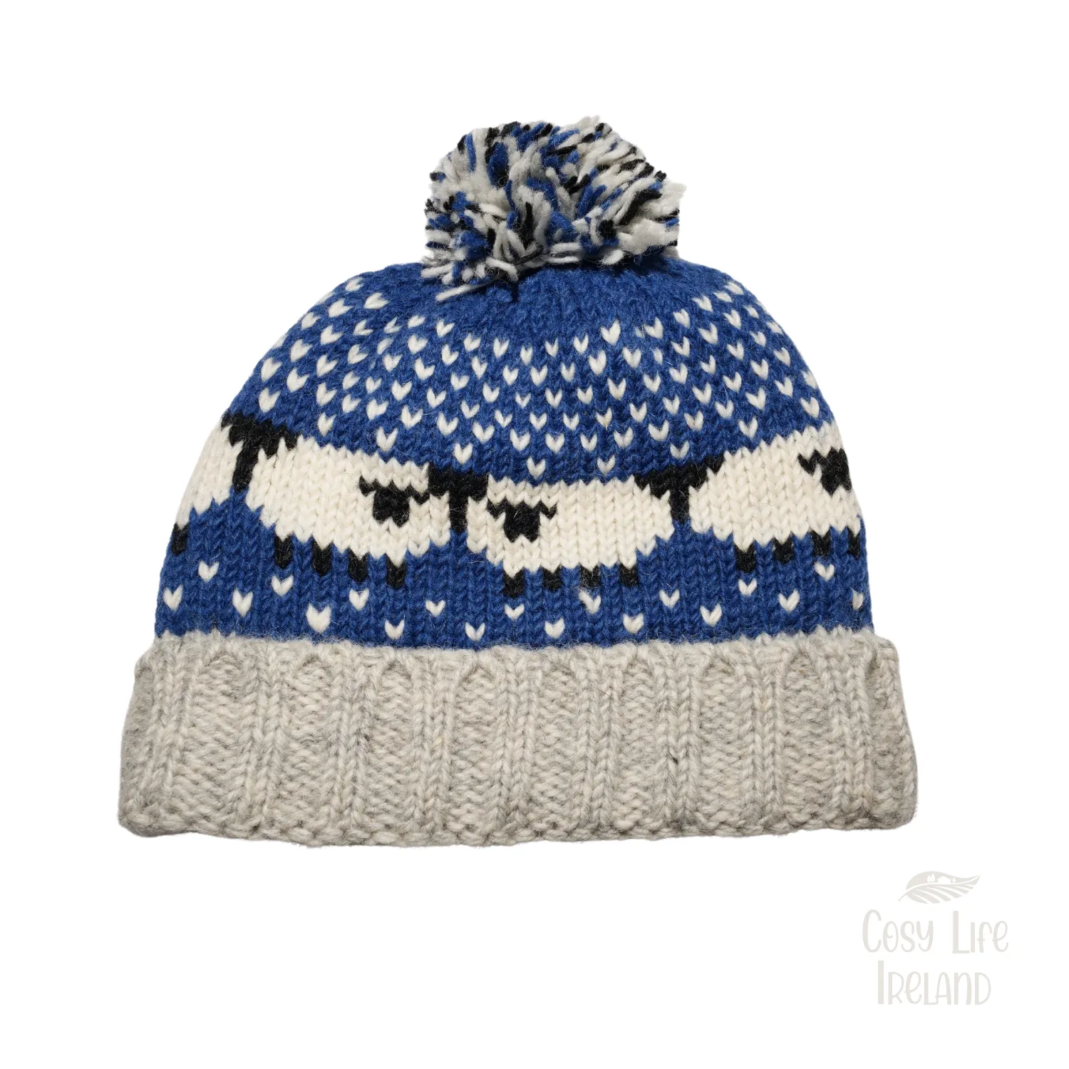 Pure Wool Handknitted Navy Blue Roll Back Bobble Beanie With Sheep RC29