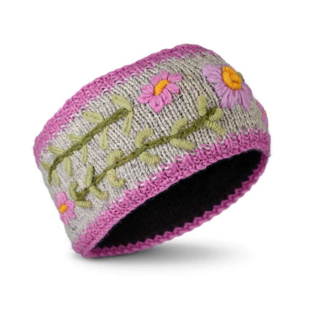 Hand Knitted Pure Wool Headband With Embroidered Flowers HB084 Fine Knit Light Pink - Image 2